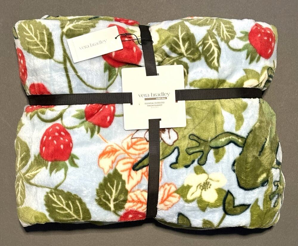 Vera Bradley Frogberry Garden Blue Frogs Oversized XL Throw Blanket 94X66" Twin